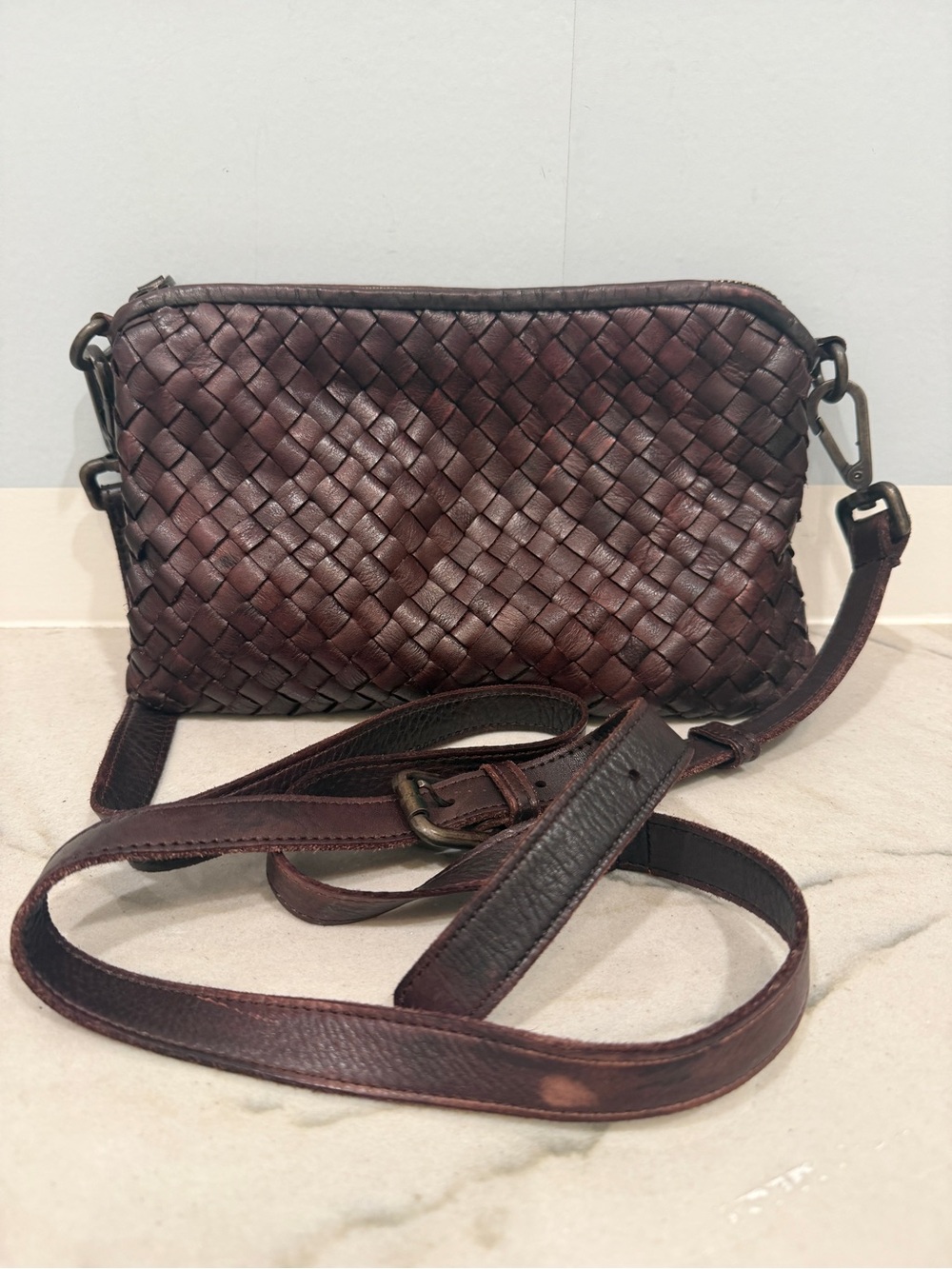 Platania Woven Italian Leather Crossbody Bag in Dark Brown Made in Italy